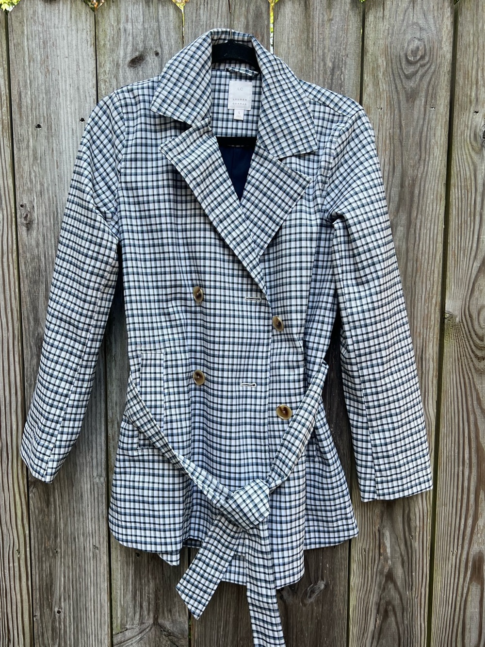 LAUREN CONRAD Blue Tan Plaid Belted Lined Blazer Jacket Women’s Small